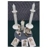 GLASS CANDLE STICK HOLDERS AND ASSORTED WILLOW TREE FIGURINES