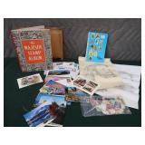 LARGE VINTAGE STAMP COLLECTION + POSTCARDS AND ART