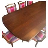 Distinctive Custom Dining Room Table with Eight Hand Carved Italian Silk Upholstered Chairs