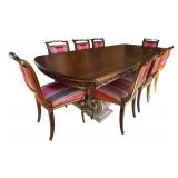 Distinctive Custom Dining Room Table with Eight Hand Carved Italian Silk Upholstered Chairs