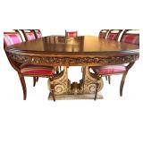 Distinctive Custom Dining Room Table with Eight Hand Carved Italian Silk Upholstered Chairs