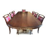 Distinctive Custom Dining Room Table with Eight Hand Carved Italian Silk Upholstered Chairs