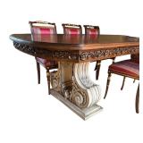 Distinctive Custom Dining Room Table with Eight Hand Carved Italian Silk Upholstered Chairs