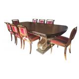 Distinctive Custom Dining Room Table with Eight Hand Carved Italian Silk Upholstered Chairs