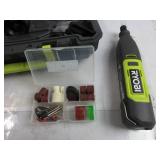 RYOBI 12V Cordless Rotary Tool Kit INCUDES ATTACHMETS SHOWN(MISSING 2 BITS), SMALL BOX DOES NOT CLOSE ALL THE WAY, TESTED, WORKS, NO BOX, SLIGHTLY USED