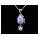 .925 Sterling Silver Pearl Accented Blue Lace Agate Pendant Necklace