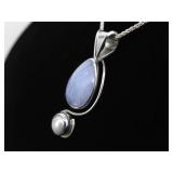 .925 Sterling Silver Pearl Accented Blue Lace Agate Pendant Necklace