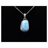 .925 Sterling Silver Larimar Cabochon Pendant Necklace