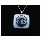 .925 Sterling Silver Blue Lace Glass Wolf Mountain Pendant Necklace