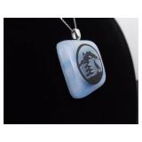 .925 Sterling Silver Blue Lace Glass Wolf Mountain Pendant Necklace