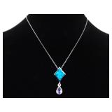 .925 Sterling Silver Inlayed Opal and Amethyst Pendant Necklace
