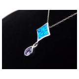 .925 Sterling Silver Inlayed Opal and Amethyst Pendant Necklace