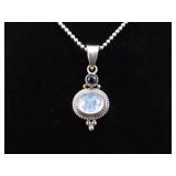 .925 Sterling Silver Black Sapphire Accented Moonstone Cabochon Pendant Necklace