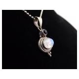 .925 Sterling Silver Black Sapphire Accented Moonstone Cabochon Pendant Necklace
