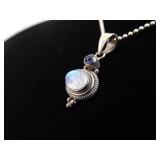 .925 Sterling Silver Black Sapphire Accented Moonstone Cabochon Pendant Necklace