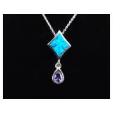 .925 Sterling Silver Inlayed Opal and Amethyst Pendant Necklace