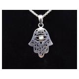 .925 Sterling Silver Moonstone Cabochon Accented Hamsa Hand Pendant Necklace