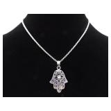 .925 Sterling Silver Moonstone Cabochon Accented Hamsa Hand Pendant Necklace