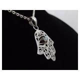 .925 Sterling Silver Moonstone Cabochon Accented Hamsa Hand Pendant Necklace