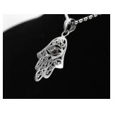 .925 Sterling Silver Moonstone Cabochon Accented Hamsa Hand Pendant Necklace