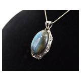 .925 Sterling Silver Large Labradorite Cabochon Pendant Necklace