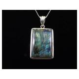 .925 Sterling Silver Large Square Labradorite Cabochon Pendant Necklace