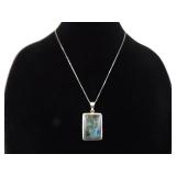 .925 Sterling Silver Large Square Labradorite Cabochon Pendant Necklace