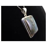 .925 Sterling Silver Large Square Labradorite Cabochon Pendant Necklace