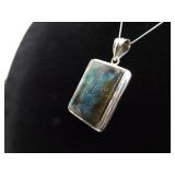 .925 Sterling Silver Large Square Labradorite Cabochon Pendant Necklace