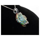 .925 Sterling Silver Glass Foil Fish Pendant Necklace