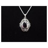 .925 Sterling Silver Scrolled Art Nouveau Garnet Pendant Necklace