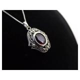 .925 Sterling Silver Scrolled Art Nouveau Garnet Pendant Necklace