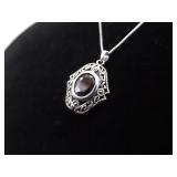 .925 Sterling Silver Scrolled Art Nouveau Garnet Pendant Necklace