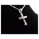 .925 Sterling Silver Pink Sapphire Crystal Pendant Choker Necklace