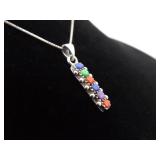 .925 Sterling Silver Multi Stone Cabochons Pendant Necklace