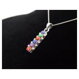 .925 Sterling Silver Multi Stone Cabochons Pendant Necklace