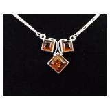 .925 Sterling Silver Amber Pendant Necklace