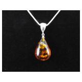 .925 Sterling Silver Amber Drop Pendant Necklace