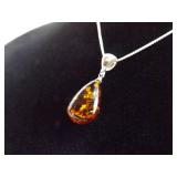 .925 Sterling Silver Amber Drop Pendant Necklace