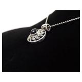 .925 Sterling Silver Onyx Cabochon Petal Pendant Necklace