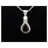 .925 Sterling Silver Onyx and Pearl Cabochon Pendant Necklace