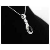 .925 Sterling Silver Onyx and Pearl Cabochon Pendant Necklace