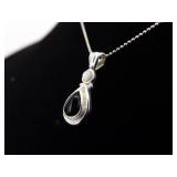 .925 Sterling Silver Onyx and Pearl Cabochon Pendant Necklace