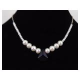 .925 Sterling Silver Genuine Pearl and Onyx Necklace