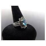 .925 Sterling Silver Art Nouveau Oval Faceted Topaz Crystal Ring Size 7