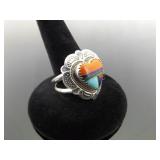 .925 Sterling Silver Multi Inlayed Stone Zuni Heart Ring Size 7.75