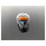 .925 Sterling Silver Multi Inlayed Stone Zuni Heart Ring Size 7.75