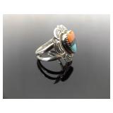.925 Sterling Silver Multi Inlayed Stone Zuni Heart Ring Size 7.75
