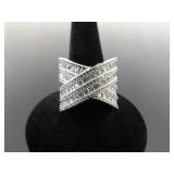 .925 Sterling Silver Zirconia Baguette Crossover Band Ring Size 7