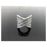 .925 Sterling Silver Zirconia Baguette Crossover Band Ring Size 7